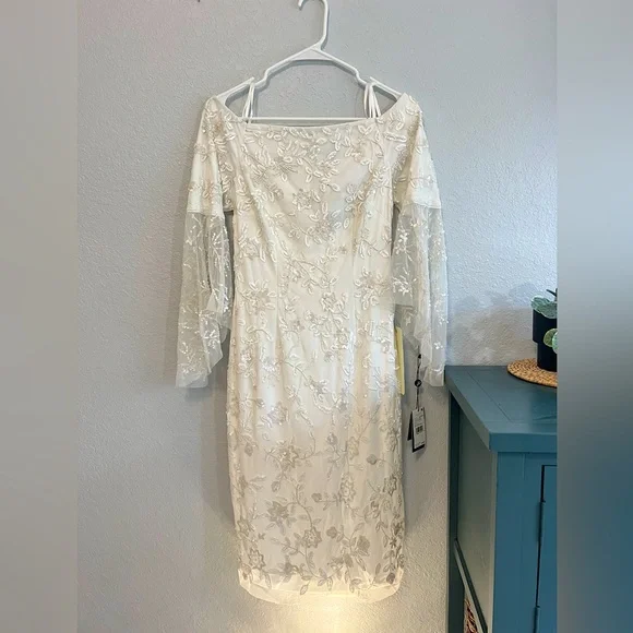 Adrianna Papell Off-Shoulder Sequin Beaded Floral Dress 3/4 Bell Sleeves NWT - Picture 2 of 16